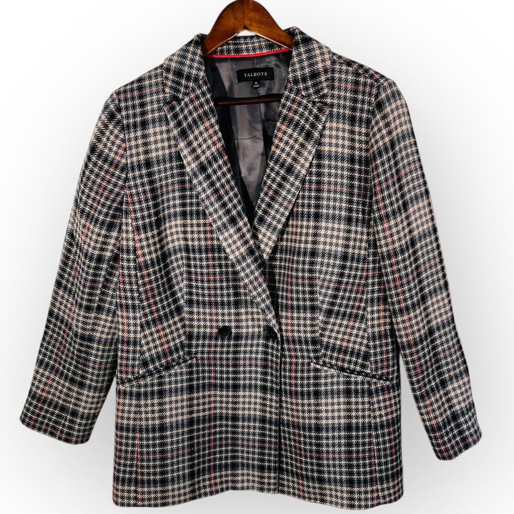 Talbots Houndstooth Plaid Blazer Jacket Size 16 Double Breasted Preppy - Picture 2 of 12